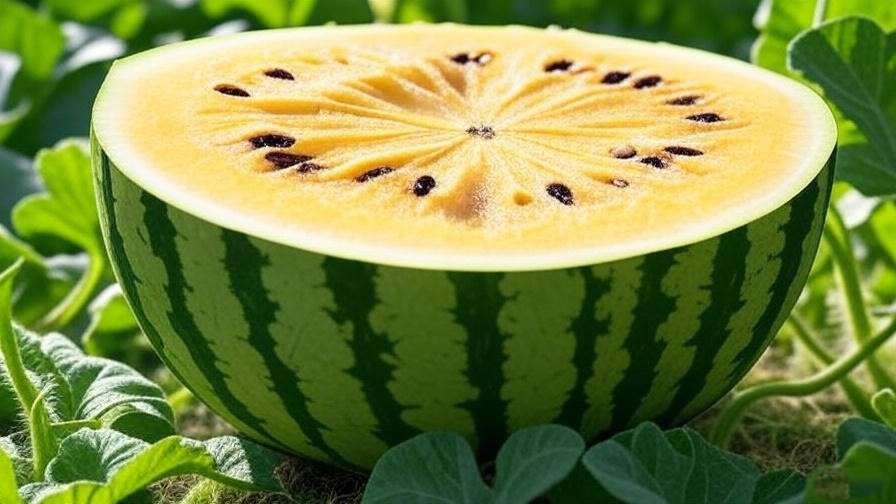 "Close-up of a Yellow Crimson watermelon slice showing yellow flesh and green rind in a garden." 