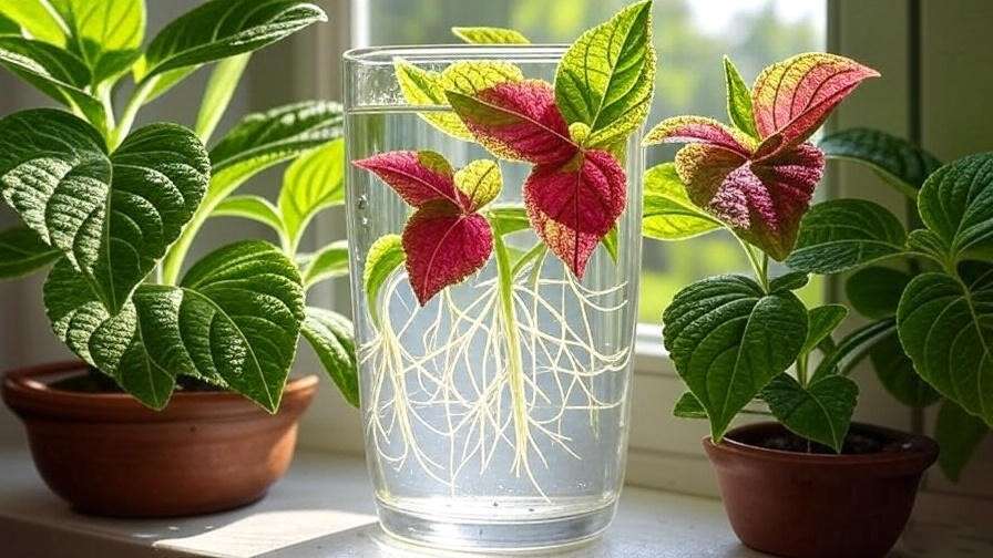 "Coleus Watermelon cuttings rooting in water on a sunny windowsill with vibrant pink and green leaves." 