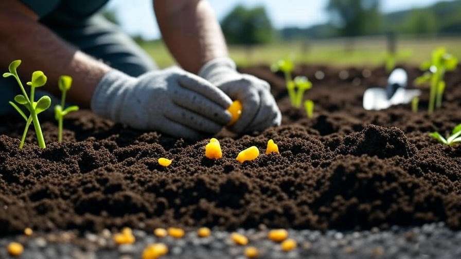 "Hands planting Yellow Crimson watermelon seeds in loamy soil with gardening tools in a sunny garden." 