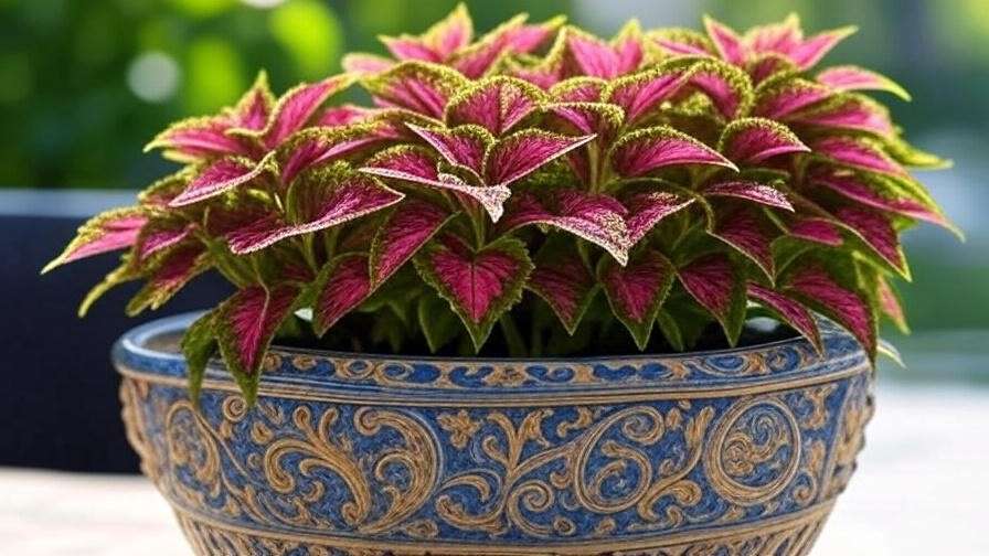 "Pruned Coleus Watermelon plant with bushier growth in a decorative pot on a patio."
