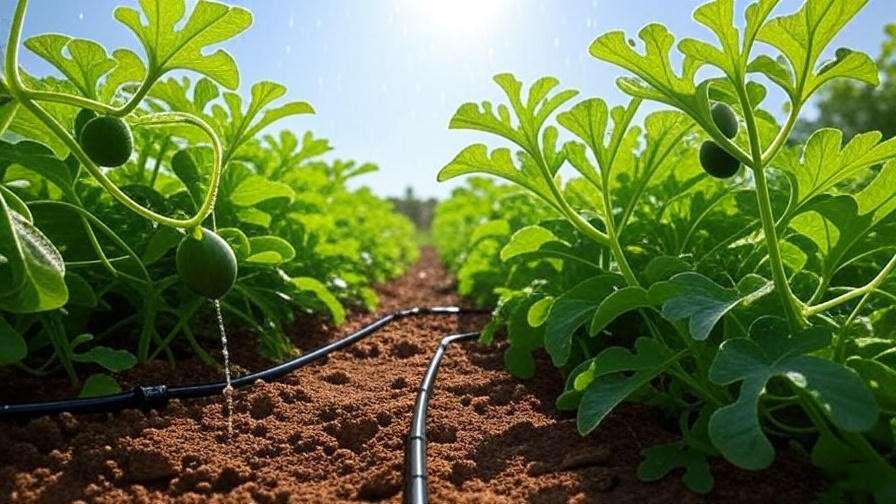 "Drip irrigation watering healthy Yellow Crimson watermelon vines in a sunny garden." 