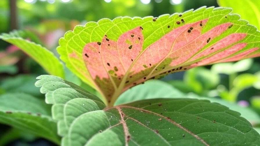 "Close-up of Coleus Watermelon leaf with aphid infestation in a garden setting." 