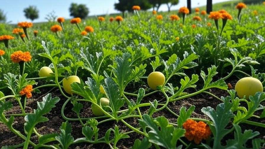 "Yellow Crimson watermelon plants with marigold flowers for natural pest control in a garden." 
