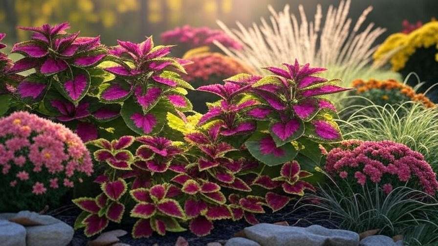  "Coleus Watermelon in a vibrant fall garden display with ornamental grasses and mums