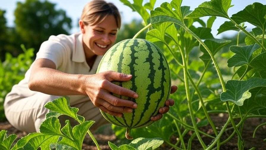 "Gardener harvesting a ripe Yellow Crimson watermelon from healthy vines in a sunny garden."