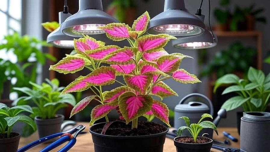 Coleus Watermelon plant under grow lights in a professional indoor gardening setup." 