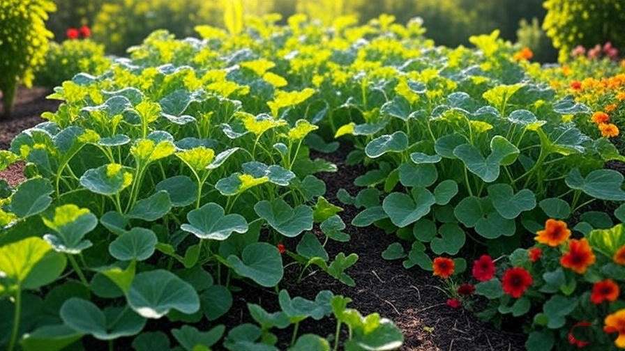 "Top view of a garden with Yellow Crimson watermelon and companion plants like beans and nasturtiums." 