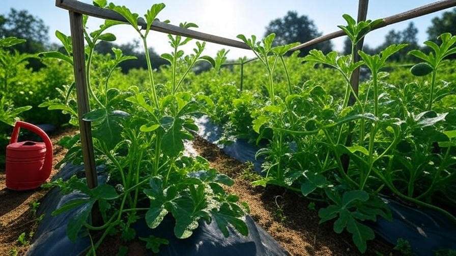 Watermelons supported by trellises with black mulch and watering can in a sunny garden