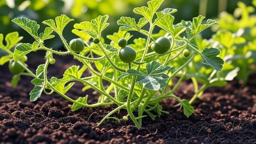 "Yellow Doll watermelon plant with small green fruits and healthy vines in a sunny garden"