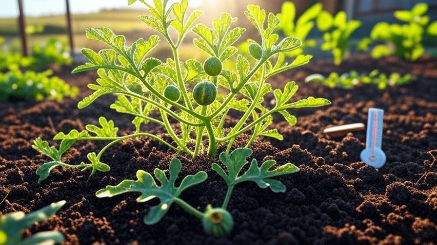  "Sunny garden with a baby watermelon plant in well-draining soil and a soil thermometer." 