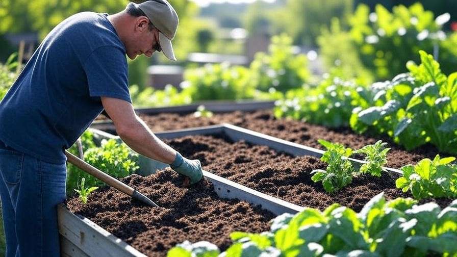 "Gardener preparing soil with compost and tools in a raised bed for Yellow Doll watermelon"