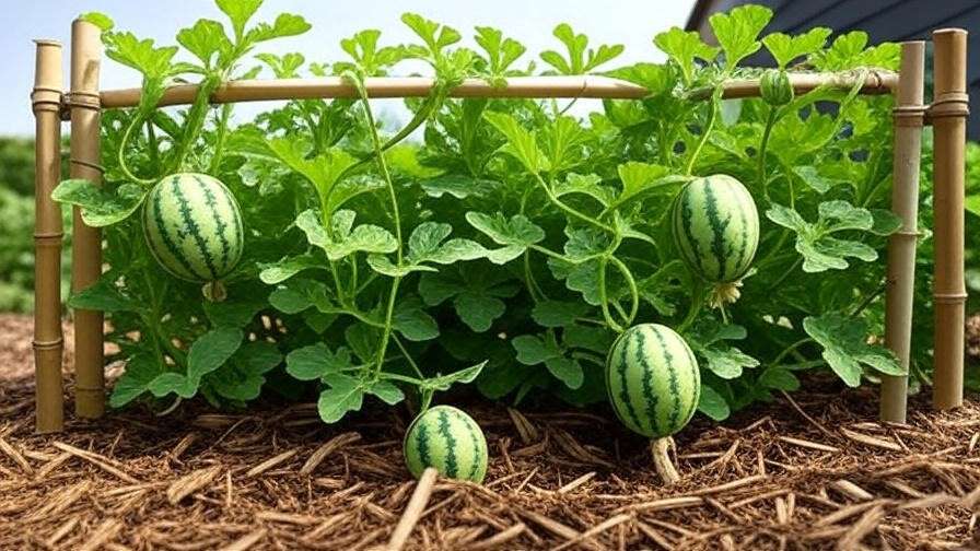  Baby watermelon plant on a bamboo trellis with fruit supported by slings and organic mulch." 
