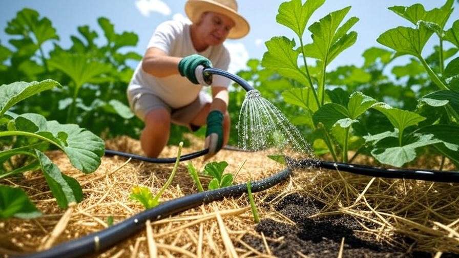 "Gardener watering Yellow Doll watermelon vines with drip irrigation and organic mulch"