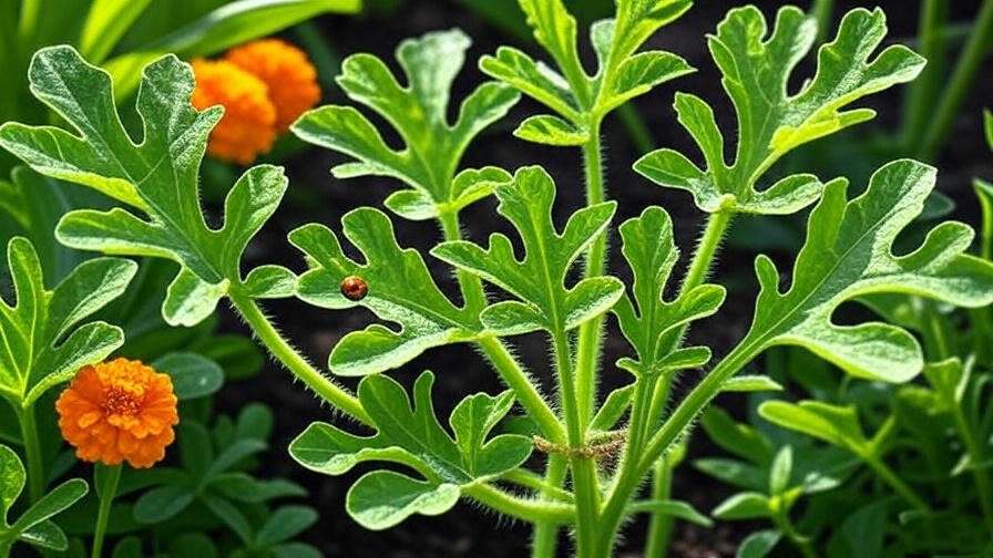 Healthy baby watermelon plant with ladybug and marigold flowers for pest control.