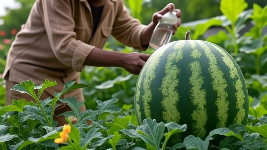 "Yellow Doll watermelon with pest damage and gardener applying neem oil" 