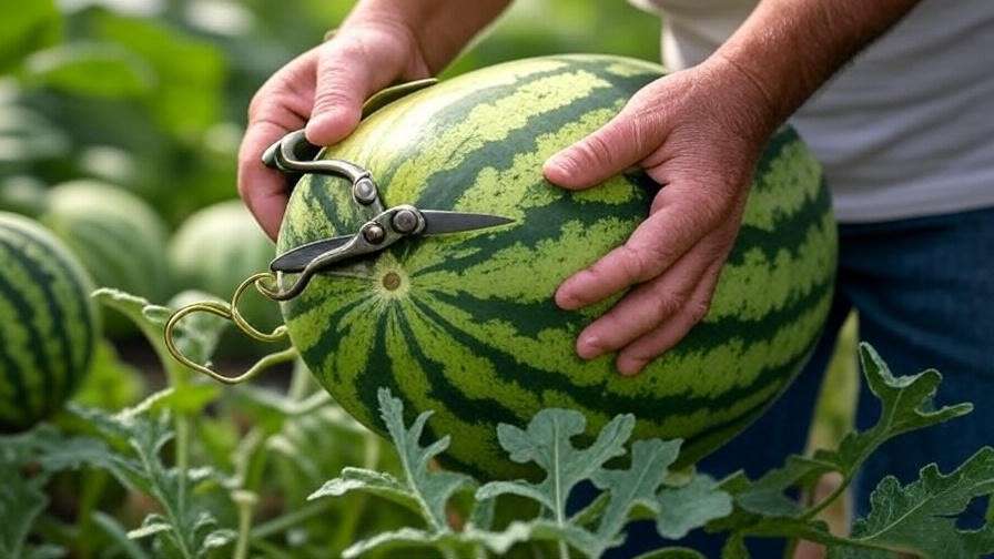 Gardener harvesting a ripe baby watermelon with yellow underside in a lush garden." 
