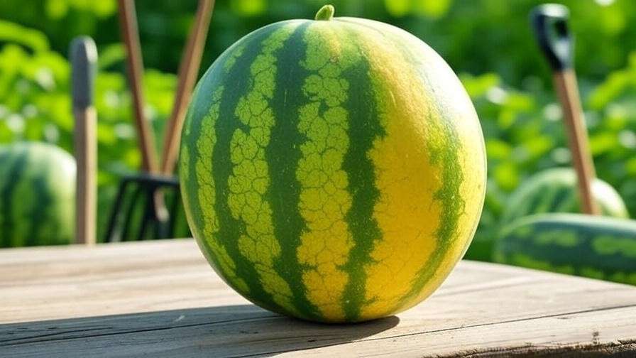 "Harvesting ripe Yellow Doll watermelon with shears on a wooden table" 