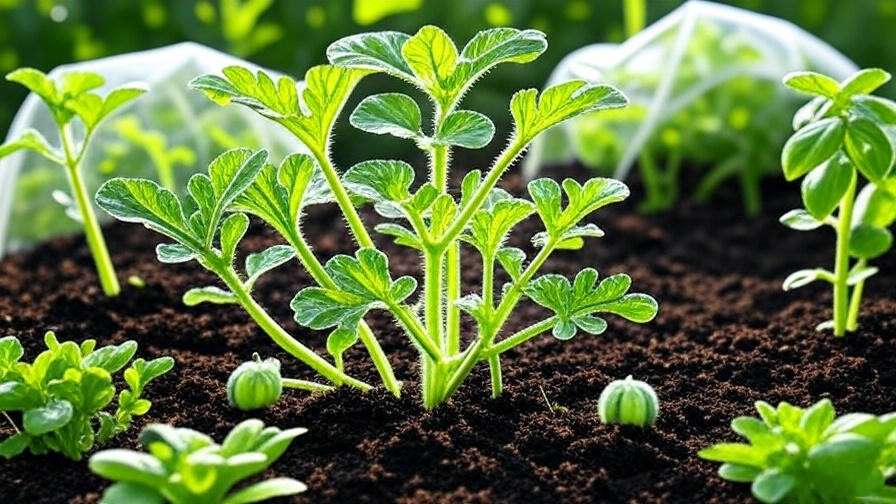 "Baby watermelon plant in a raised bed with basil, oregano, and row cover in a sunny garden." 