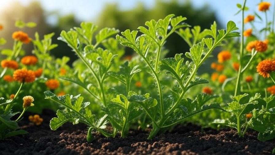 Yellow Doll watermelon plants with companion marigolds and beans in a garden" 