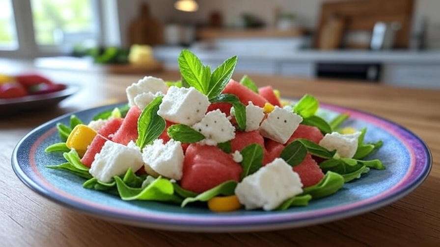 "Colorful Yellow Doll watermelon and feta salad with mint garnish on a plate" 