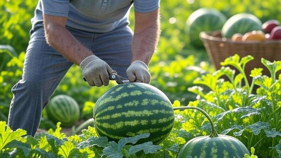 Gardener harvesting ripe watermelon with shears and basket of fresh fruits