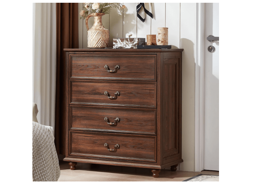  Joaxswe Farmhouse 4 Drawer Dresser for Bedroom, 37" Tall Rustic Chests of Drawers w/ 4 Solid Wood Feet, Mid Century Modern Wooden Closet Storage