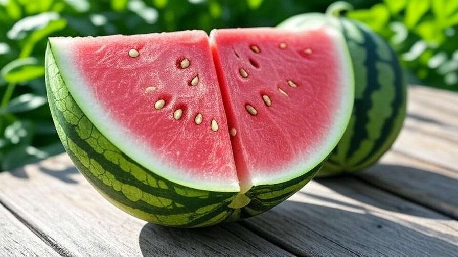 "Close-up of a seedless watermelon cut in half showing juicy red flesh with soft seed coats on a wooden table in a garden."