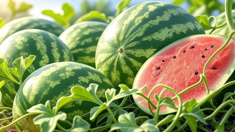 Close-up of sugar watermelon varieties with red flesh and green rinds in a sunny garden.