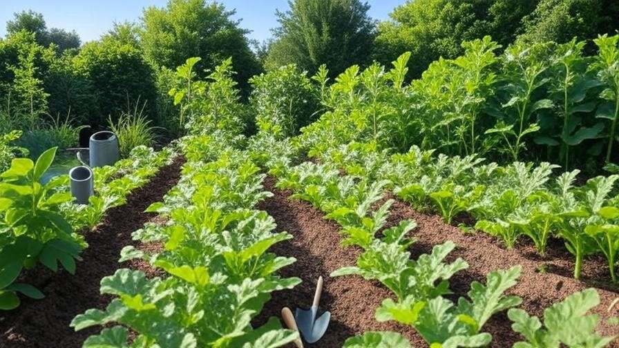 Home garden with seedless watermelon plants and pollinator plants under a blue sky with gardening tools." 