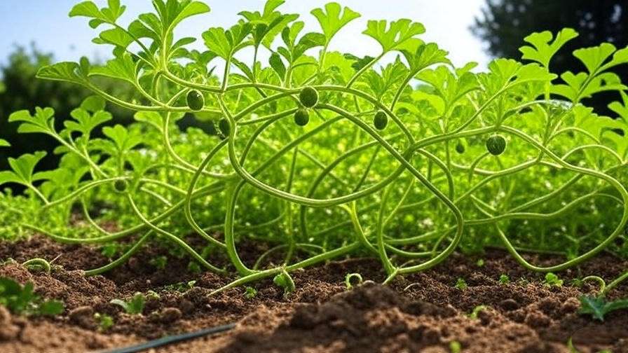 "Sugar watermelon plants being watered with drip irrigation in a sunny garden." 