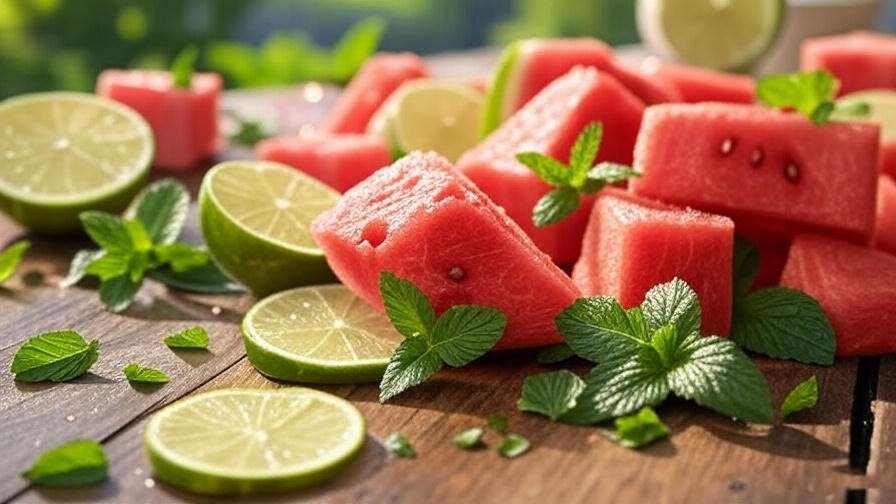 "Fresh seedless watermelon chunks with mint and lime slices on a wooden surface in a garden setting."