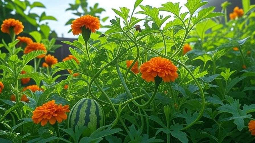 "Sugar watermelon vines with marigold flowers for natural pest control." 