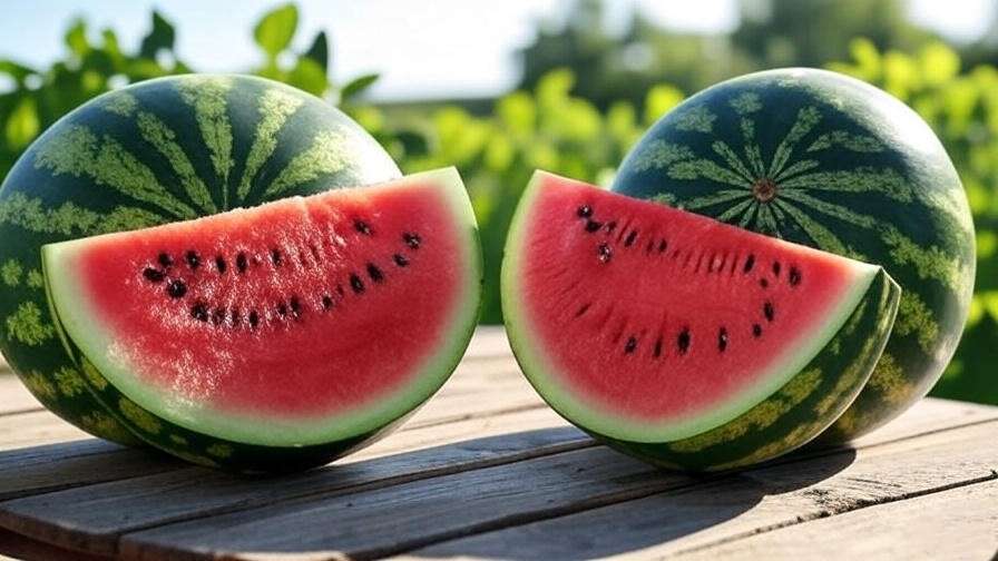 "Comparison of seedless and seeded watermelon halves on a garden table with green plants." 