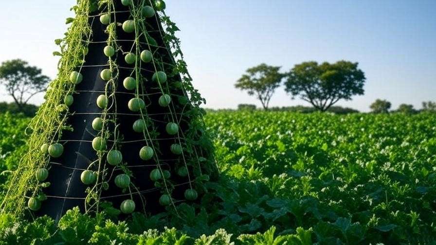 "Trellised sugar watermelon vines with fruits supported in a sunny field."