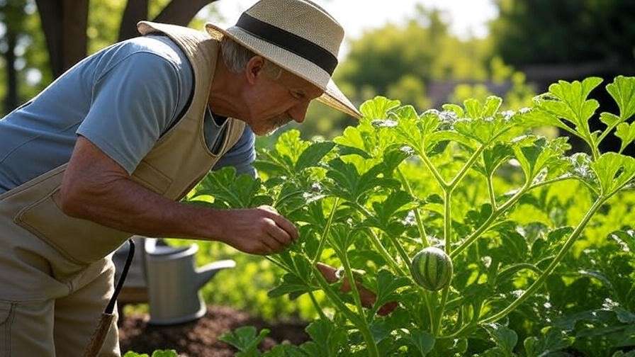  "Horticulturist inspecting a seedless watermelon plant in a sunny garden with tools." 