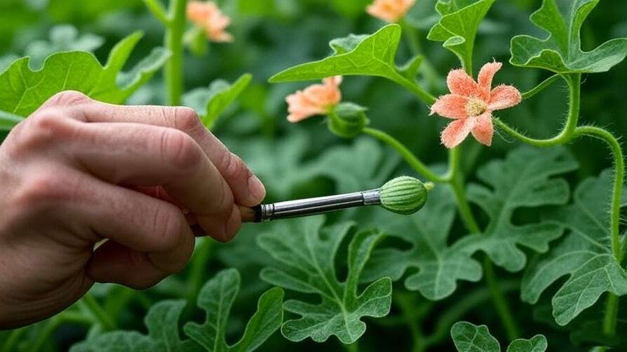 "Gardener hand-pollinating sugar watermelon flowers with a brush." 