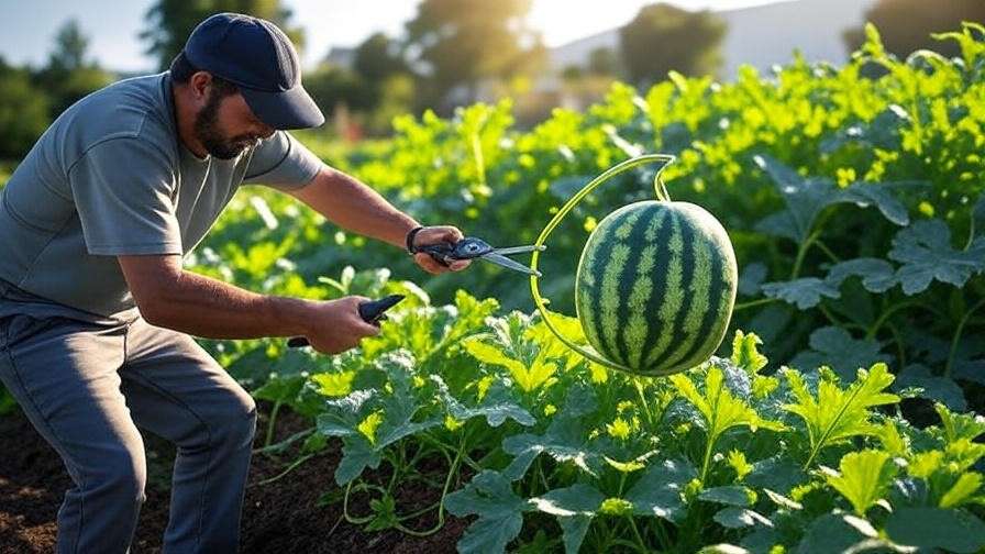 "Gardener harvesting a ripe sugar watermelon with yellow belly." 