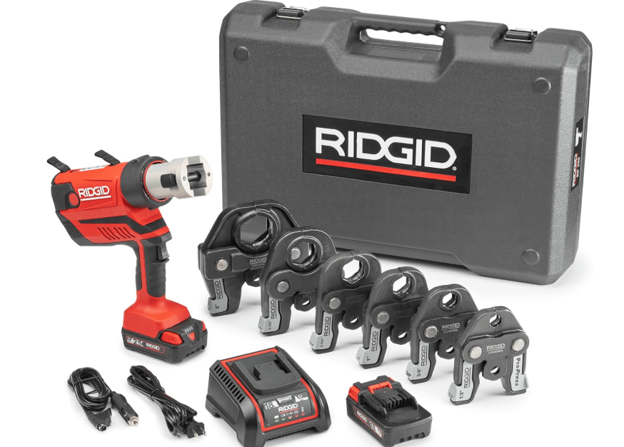 
RIDGID 67053 RP 350 ProPress 8-Piece Pressing Tool Kit with 18-Volt Battery, Charger, 4 ProPress Press Tool Jaws (