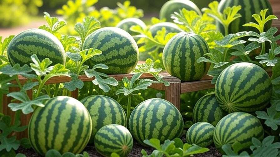  "Variety of small watermelon plants including Sugar Baby, Mini Love, and Little Darling growing on a trellis in a sunny garden." 