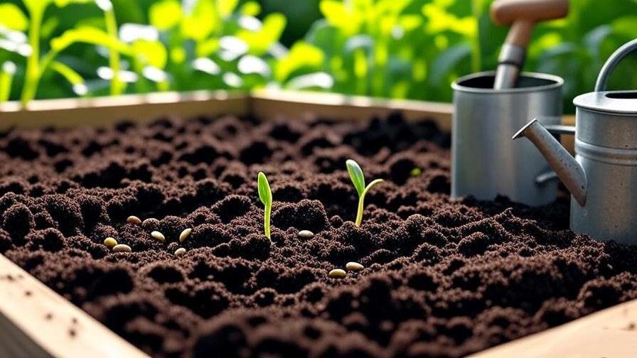 Close-up of Mini Love watermelon seeds planted in compost-rich soil with sprouting seedling and gardening tools".