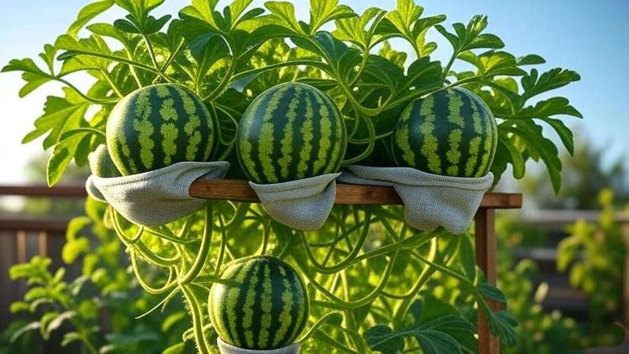"Trellised Mini Love watermelon plant with ripe fruits supported by slings in a small garden". 