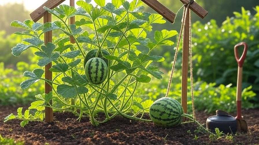 "Small watermelon plant with trellis setup and fruit sling in a lush garden, showcasing planting techniques." 