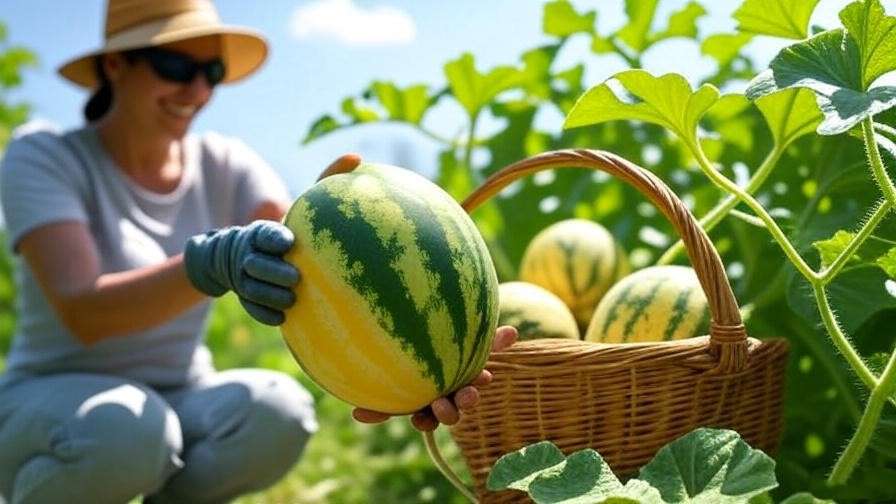  "Gardener harvesting ripe Mini Love watermelon with yellow belly and basket of fresh melons". 