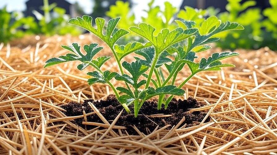 "Small watermelon plant being watered with a soaker hose and mulched with straw in a sunny garden." 