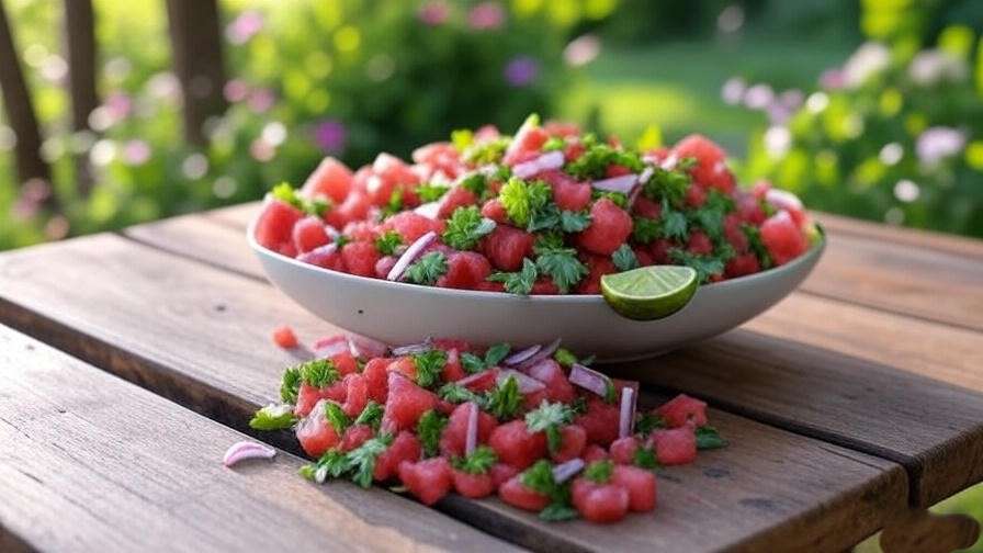  "Vibrant Mini Love watermelon salsa preparation with diced fruit, cilantro, and lime on a wooden table". 