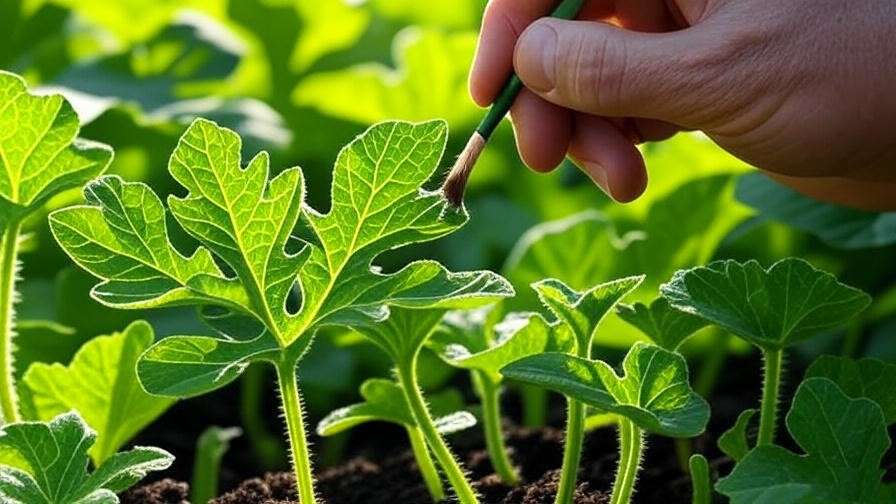 "Close-up of hand-pollination on a small watermelon plant with male and female flowers in a bright garden." 