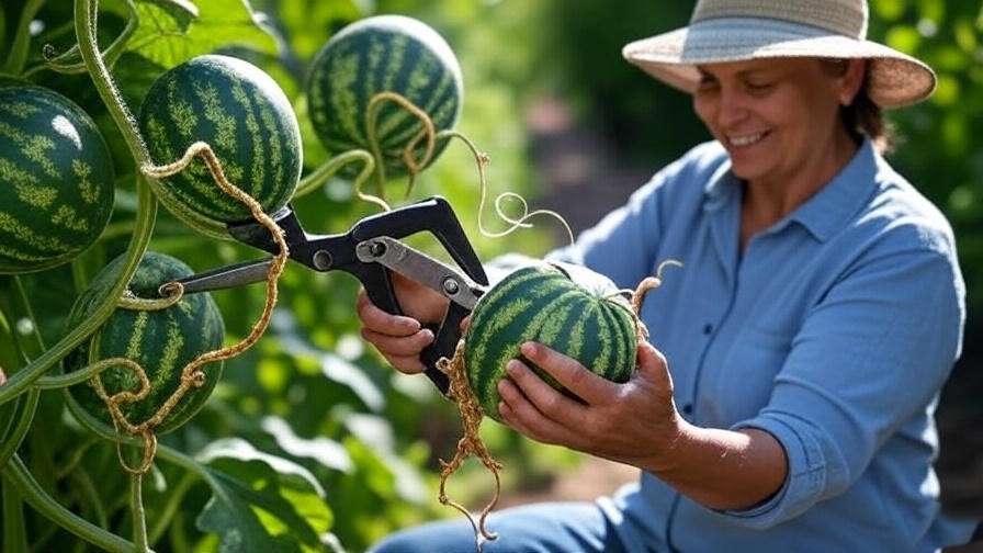  "Gardener harvesting ripe small watermelons with yellow belly and dried tendril in a lush garden."