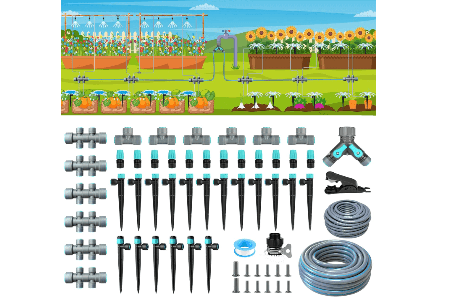 
230FT Drip Irrigation System Kit with Quick-Connect System, Repeatable Assembly PE Hose, Y-Type Distribution Tubing, Three Adjustable Nozzle Types, Upgrades