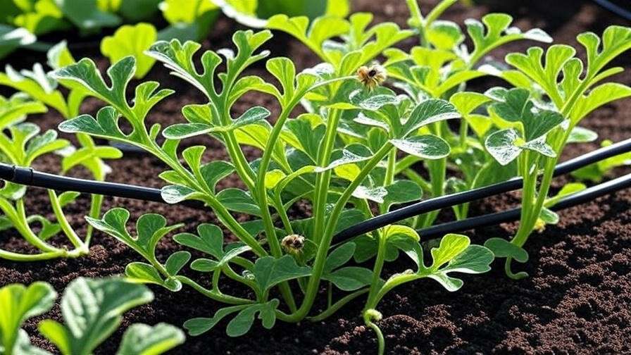  "Healthy watermelon plant with drip irrigation and bees pollinating flowers."