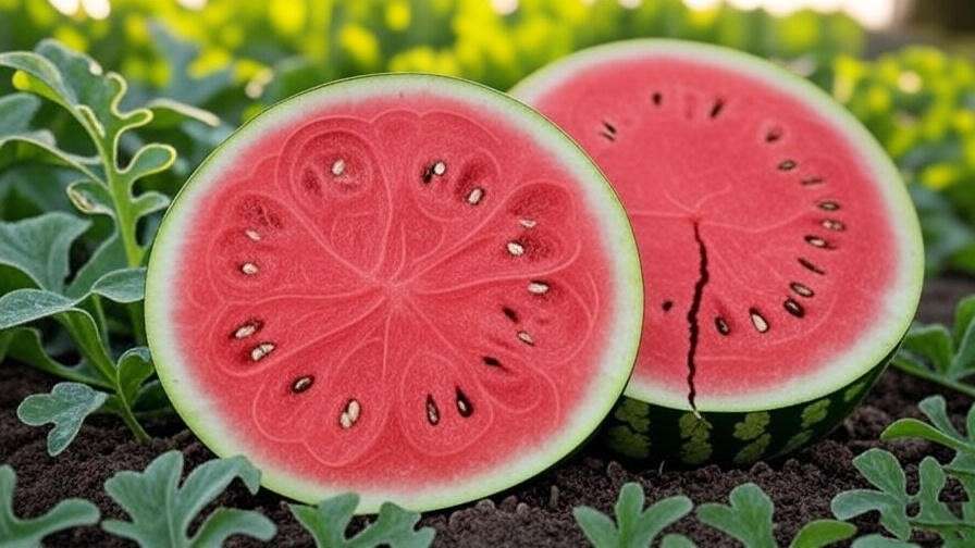 "Comparison of healthy watermelon slice and hollow heart watermelon with cracks.